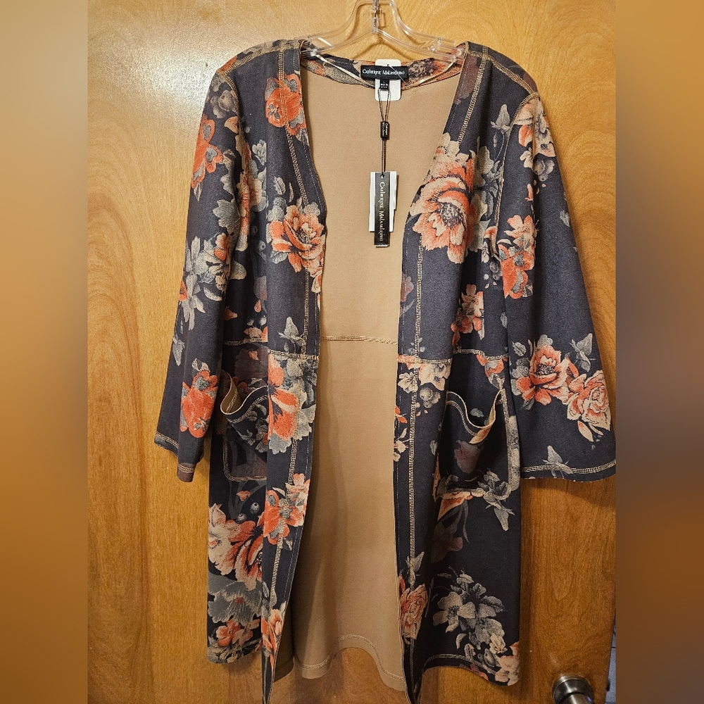 Catherine Malandrino Floral Kimono in Black and Orange Faux Leather